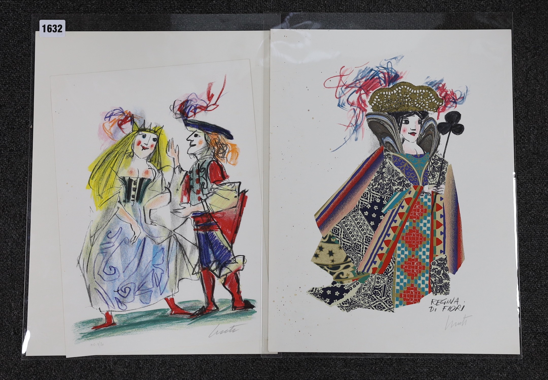 Emanuele Luzzati (1921-2007), three colour lithographs, costume designs including Il Jolly Rosso, signed in pencil, one numbered 9/20, largest 40 x 30cm, unframed